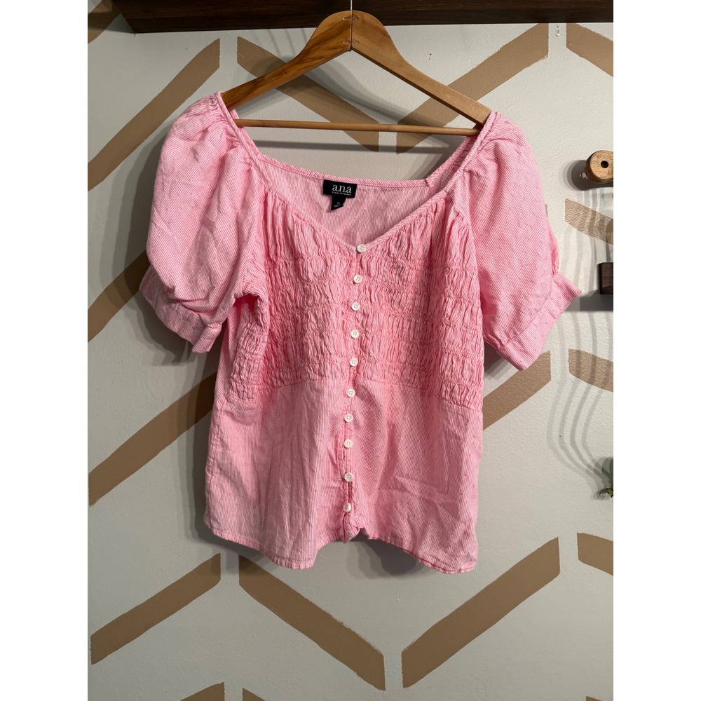 a.n.a Blouse Womens Medium Pink White Stripe Smocked Puff Sleeve Button Front